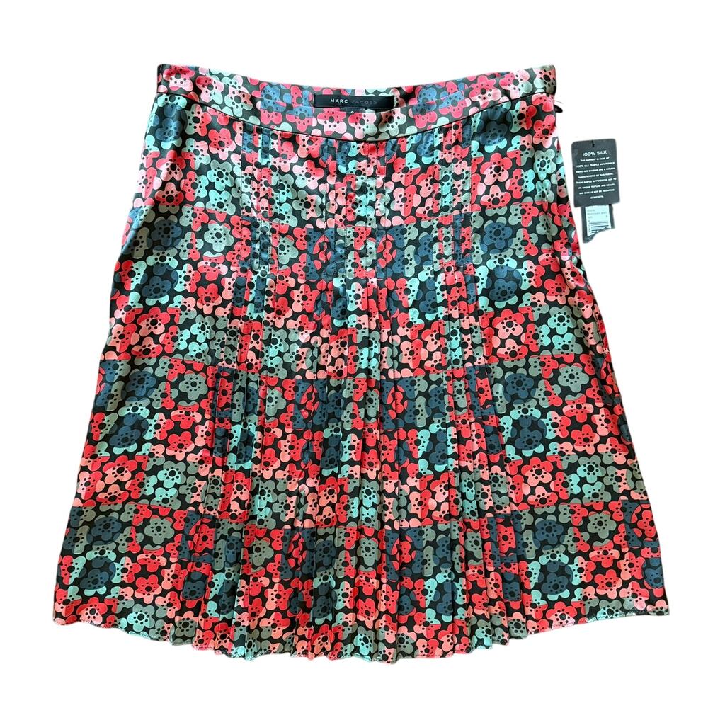 Marc Jacobs 100% Silk Pleated Floral Skirt Black Multi A-Line Y2K Size 6